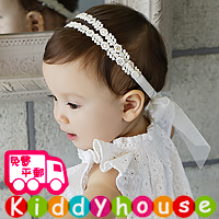 百日宴bb嬰兒/女童派對髮飾物用品~小公主純棉雙蕾絲網紗花女頭飾髮帶 小童飾物 兒童髮飾(白色) Elastic Flower Headband H370 現貨